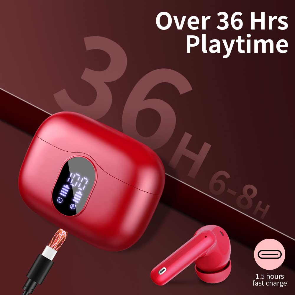 Wireless Earbuds Bluetooth 5.3 Headphones Bass Stereo Ear Buds with Noise Cancelling Mic LED Display in Ear Earphones IP7 Waterproof 36H Playtime for Laptop Pad Phones Sports Workout Red