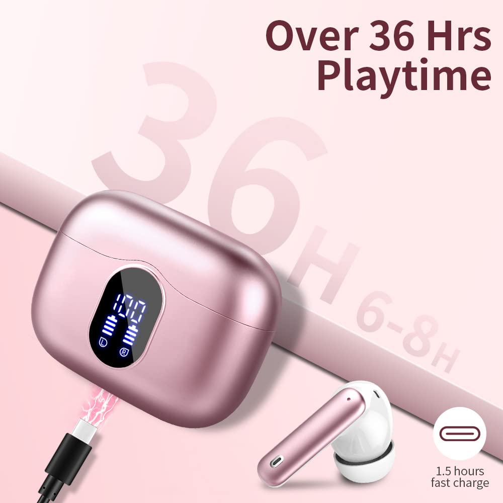 Wireless Earbuds Bluetooth 5.3 Headphones Bass Stereo Ear Buds with Noise Cancelling Mic LED Display in Ear Earphones IP7 Waterproof 36H Playtime for Laptop Pad Phones Sports Workout Rose Gold