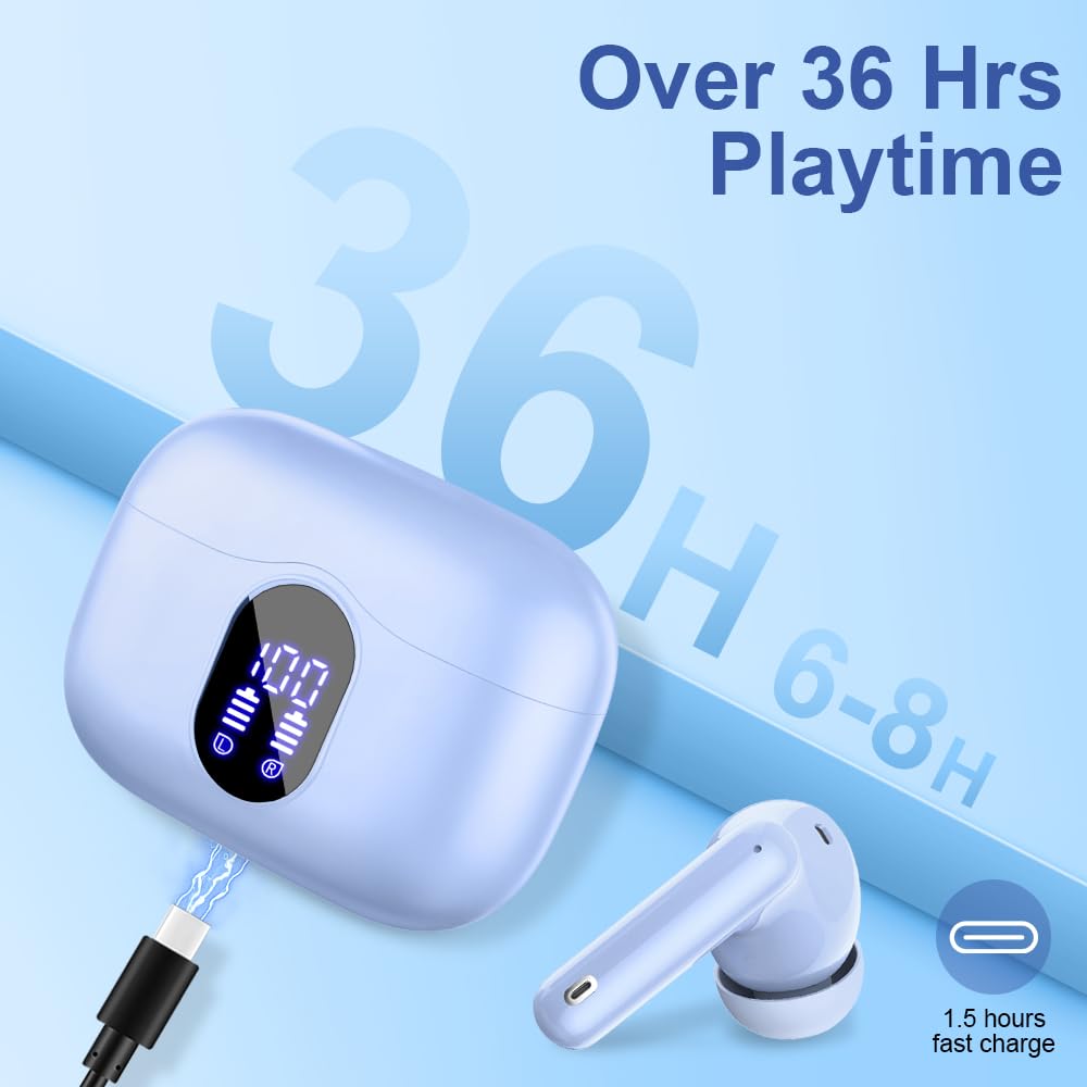 Wireless Earbuds, Bluetooth 5.3 Headphones Bass with Noise Cancelling Mic, Stereo Ear Buds, in Ear Earphones LED Display, IP7 Waterproof, 36H Playtime for Laptop Phones Sports Workout, Sky Blue