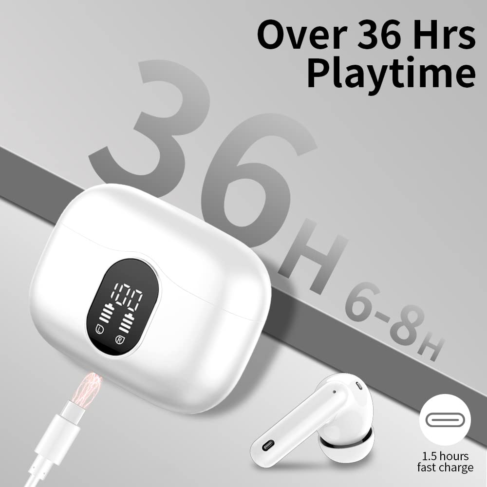 Wireless Earbuds Bluetooth 5.3 Headphones Bass Stereo Ear Buds with Noise Cancelling Mic LED Display in Ear Earphones IP7 Waterproof 36H Playtime for Laptop Pad Phones Sports Workout White