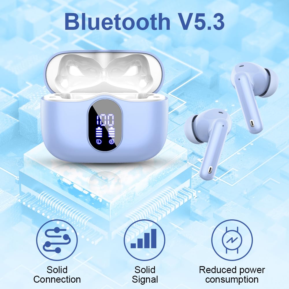 Wireless Earbuds, Bluetooth 5.3 Headphones Bass with Noise Cancelling Mic, Stereo Ear Buds, in Ear Earphones LED Display, IP7 Waterproof, 36H Playtime for Laptop Phones Sports Workout, Sky Blue