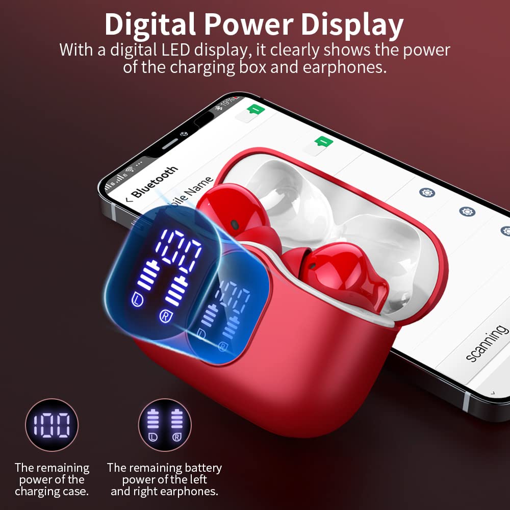 Wireless Earbuds Bluetooth 5.3 Headphones Bass Stereo Ear Buds with Noise Cancelling Mic LED Display in Ear Earphones IP7 Waterproof 36H Playtime for Laptop Pad Phones Sports Workout Red