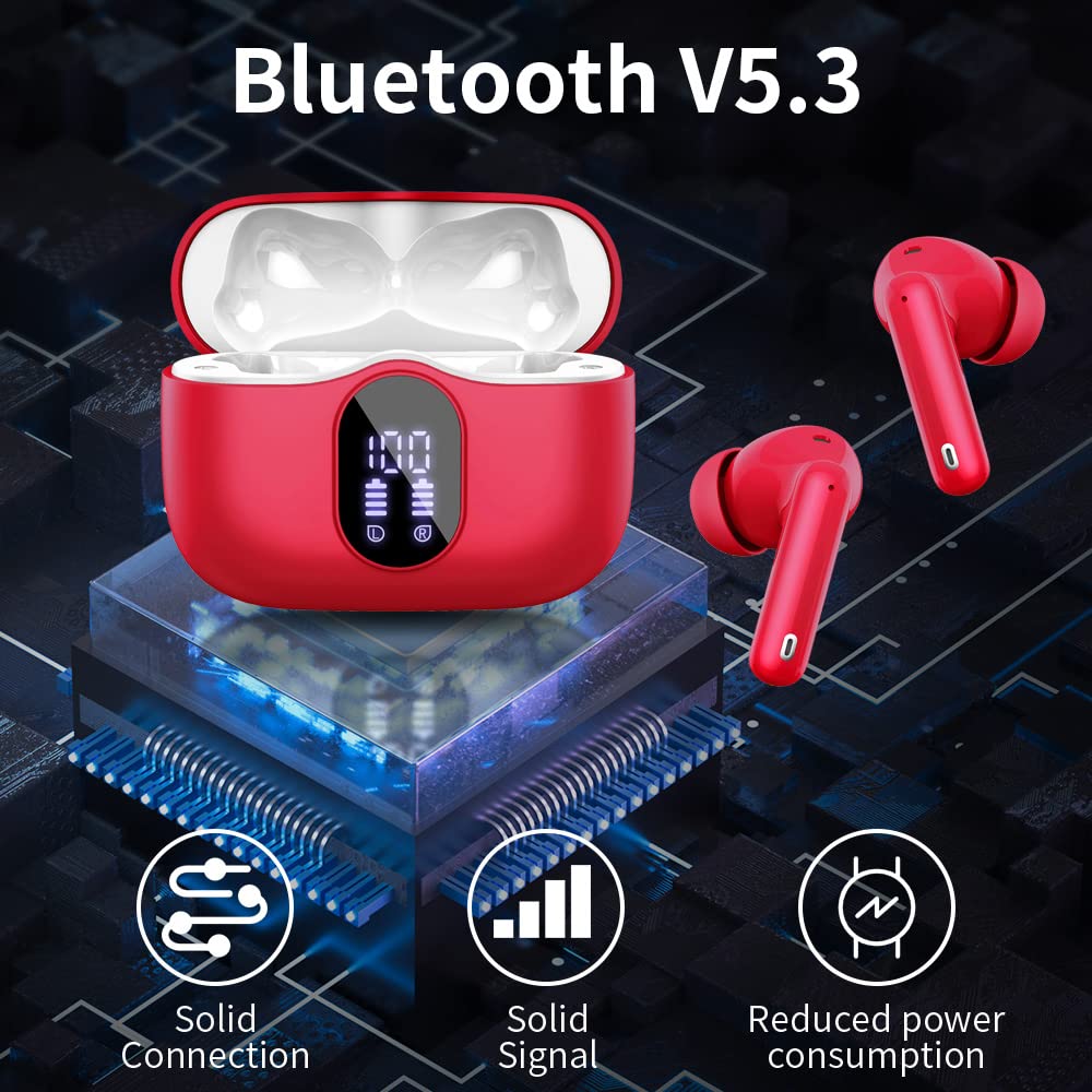 Wireless Earbuds Bluetooth 5.3 Headphones Bass Stereo Ear Buds with Noise Cancelling Mic LED Display in Ear Earphones IP7 Waterproof 36H Playtime for Laptop Pad Phones Sports Workout Red