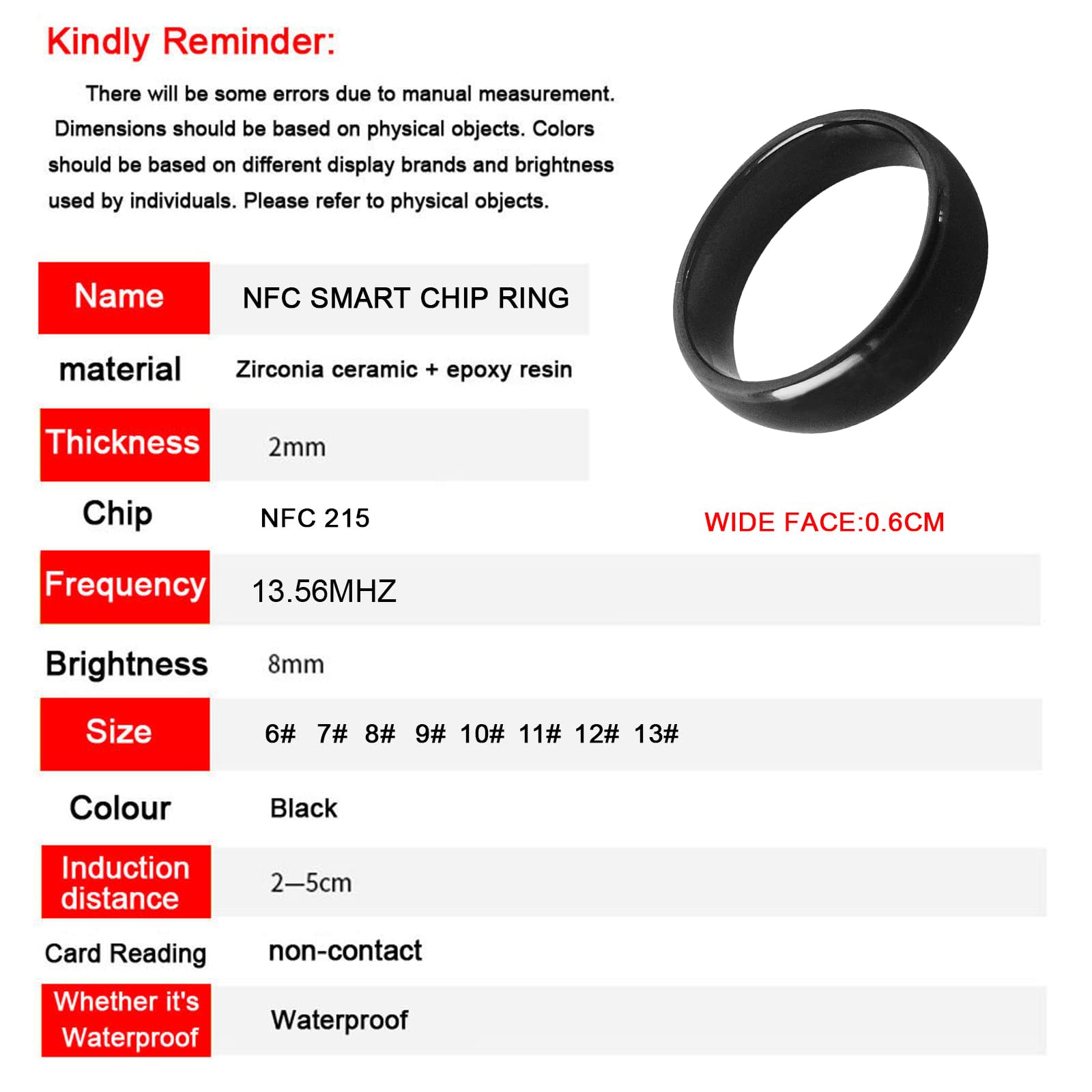 hecere Waterproof Ceramic NFC Ring, NFC Forum Type 2 215 496 Bytes Chip Universal for Mobile Phone, All-Round Sensing Technology Wearable Smart Ring, Fasion Ring for Men or Women (11#, Black)