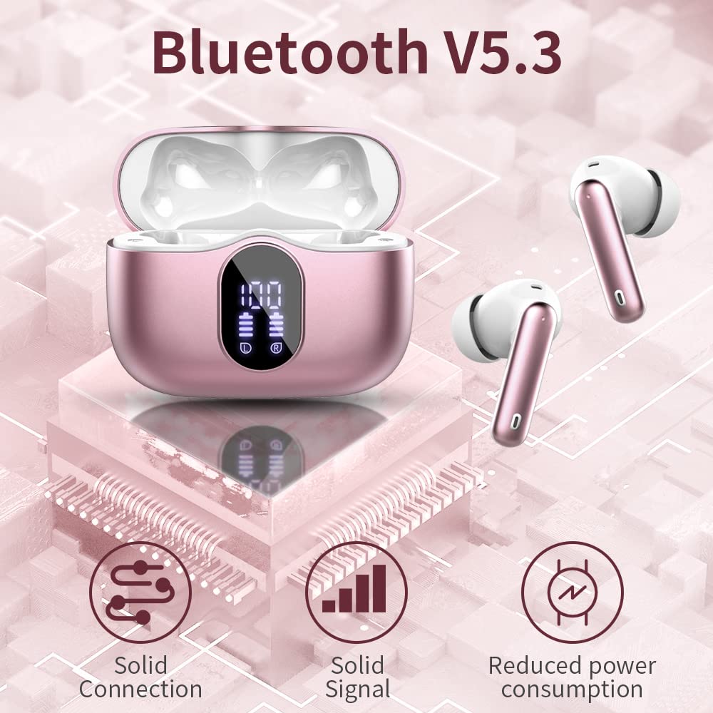 Wireless Earbuds Bluetooth 5.3 Headphones Bass Stereo Ear Buds with Noise Cancelling Mic LED Display in Ear Earphones IP7 Waterproof 36H Playtime for Laptop Pad Phones Sports Workout Rose Gold