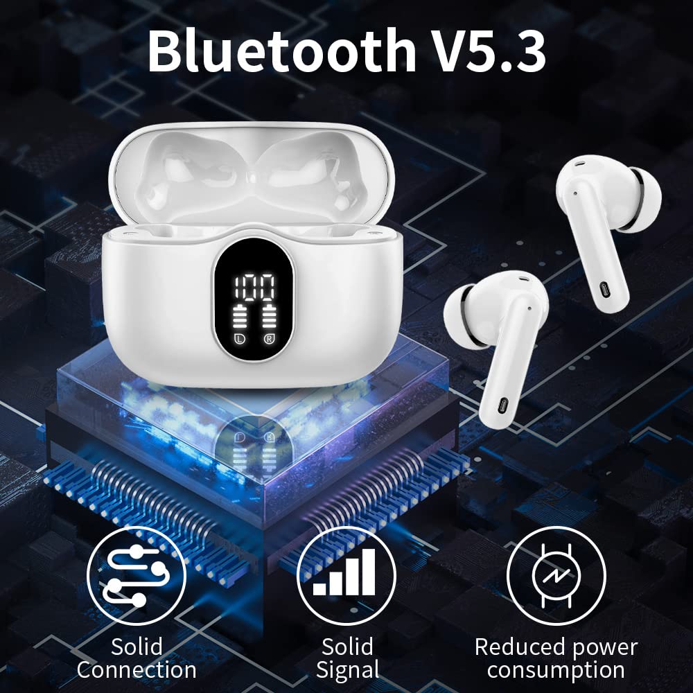 Wireless Earbuds Bluetooth 5.3 Headphones Bass Stereo Ear Buds with Noise Cancelling Mic LED Display in Ear Earphones IP7 Waterproof 36H Playtime for Laptop Pad Phones Sports Workout White