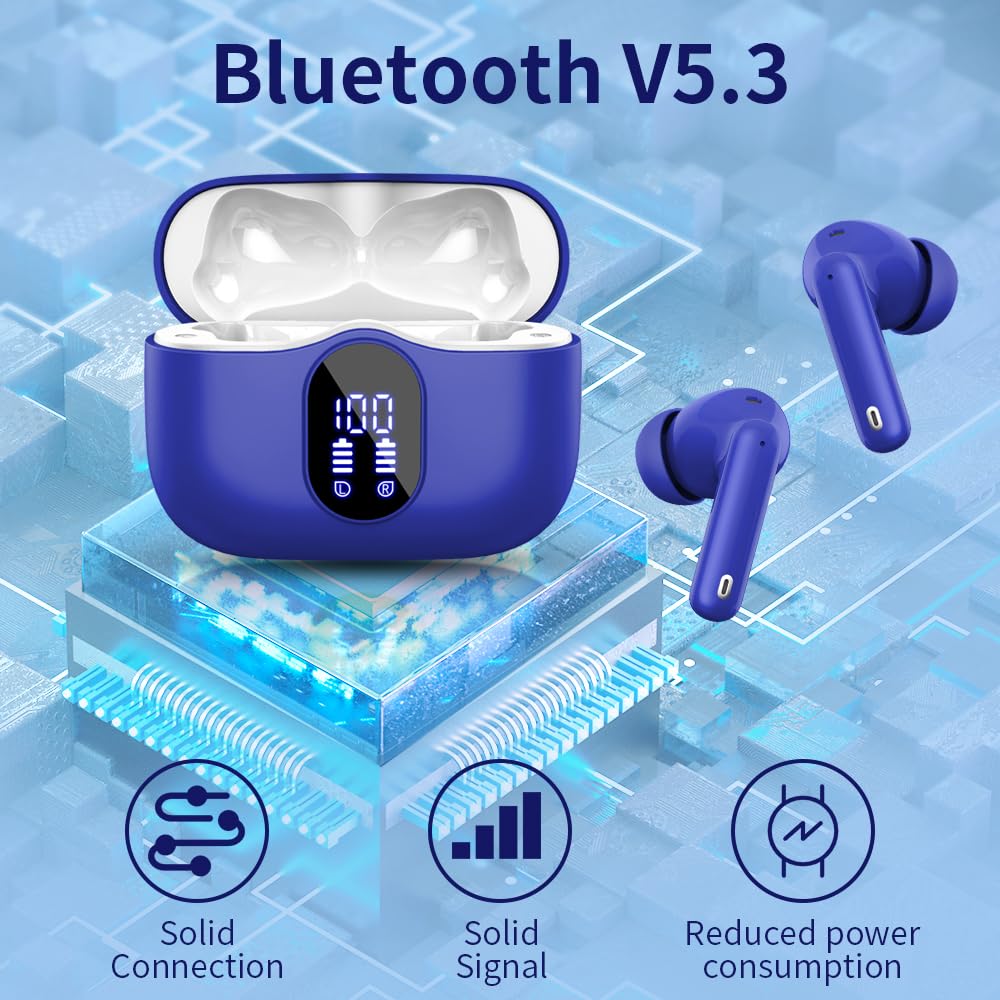 Wireless Earbuds Bluetooth 5.3 Headphones Bass Stereo Ear Buds with Noise Cancelling Mic LED Display in Ear Earphones IP7 Waterproof 36H Playtime for Laptop Pad Phones Sports Workout Blue