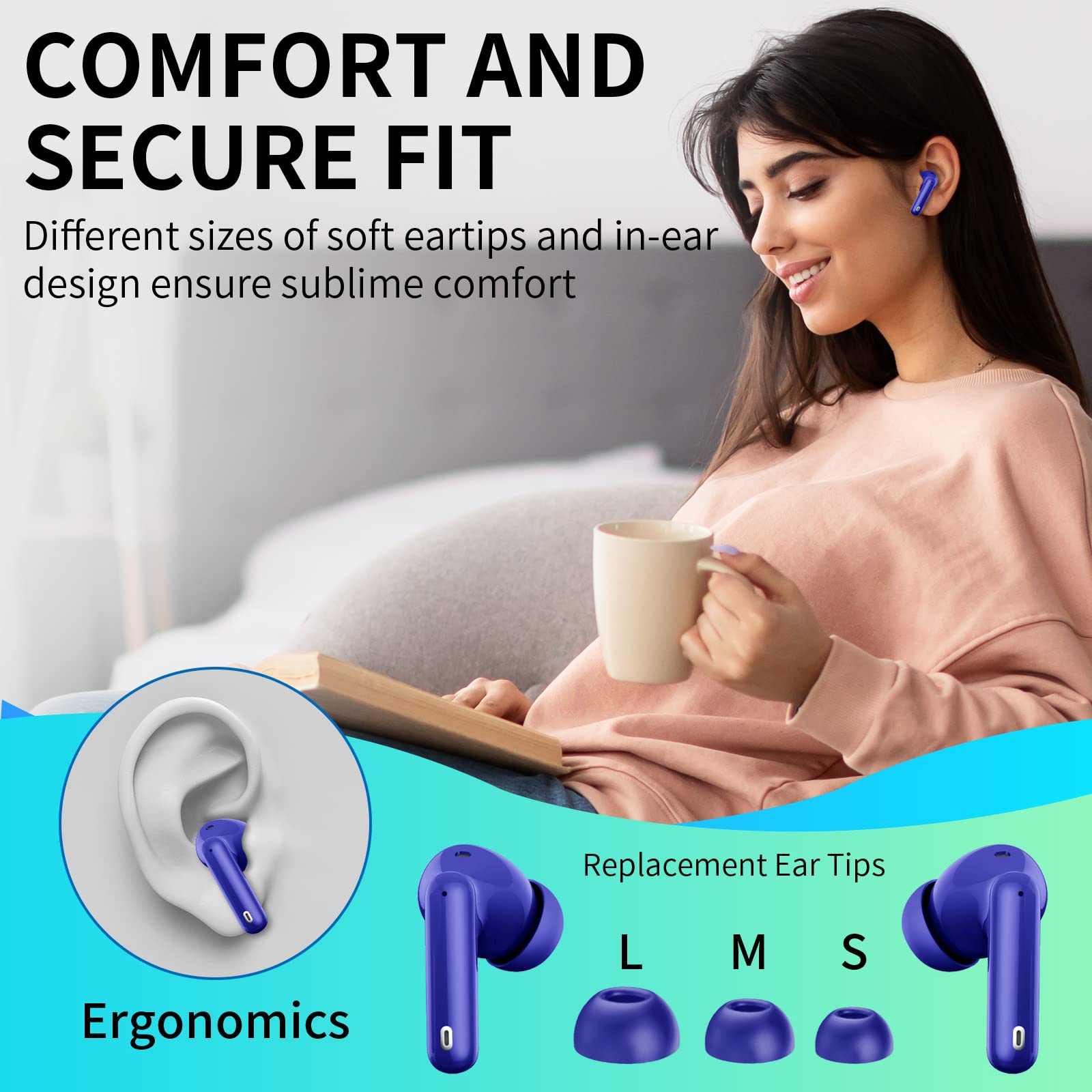 Wireless Earbuds, Bluetooth 5.3 Headphones Bass Stereo, Ear Buds with Noise Cancelling Mic LED Display, IP7 Waterproof in Ear Earphones, 36H Playtime for Laptop Pad Phones Sports Workout, Dark Blue