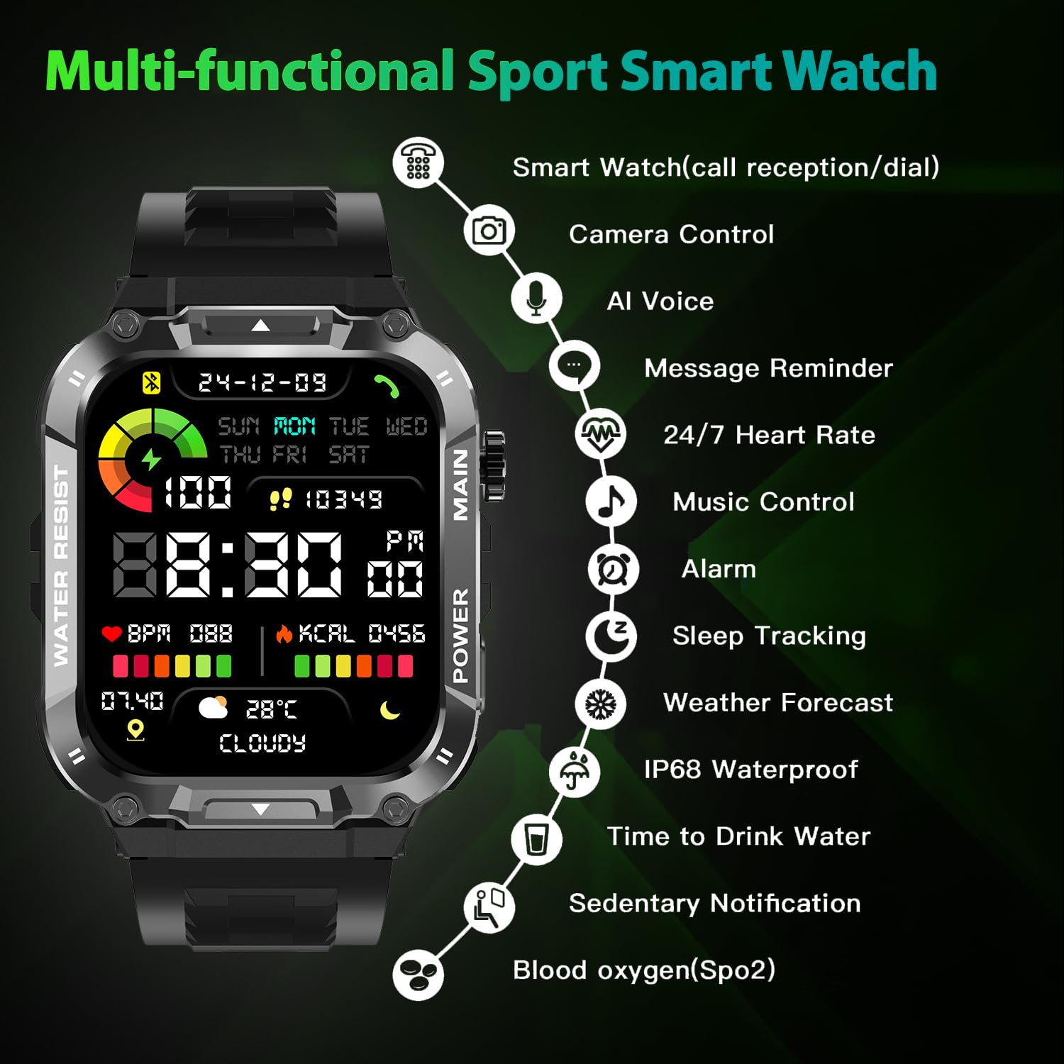 Military Smart Watch for Men with Call Function,Fitness Smart Watch for Android Phones and iPhone,Waterproof Fitness Tracker with Blood Oxygen/Heart Rate/Sleep/100+ Sport Modes, Watches for Men