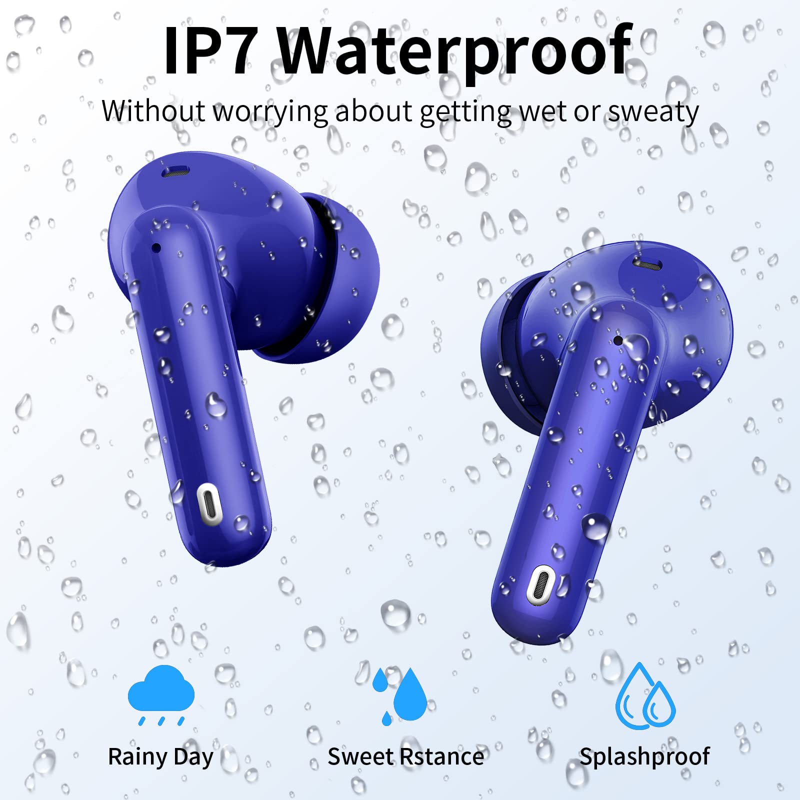 Wireless Earbuds, Bluetooth 5.3 Headphones Bass Stereo, Ear Buds with Noise Cancelling Mic LED Display, IP7 Waterproof in Ear Earphones, 36H Playtime for Laptop Pad Phones Sports Workout, Dark Blue