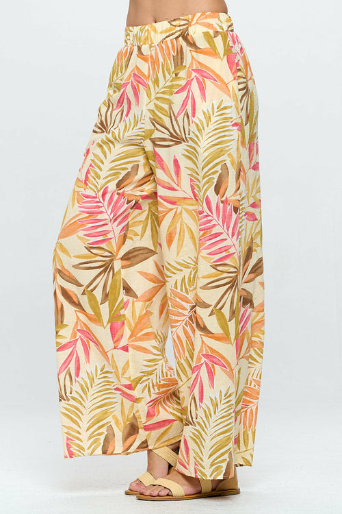 Tropical Print Wide Leg Pants with Pockets