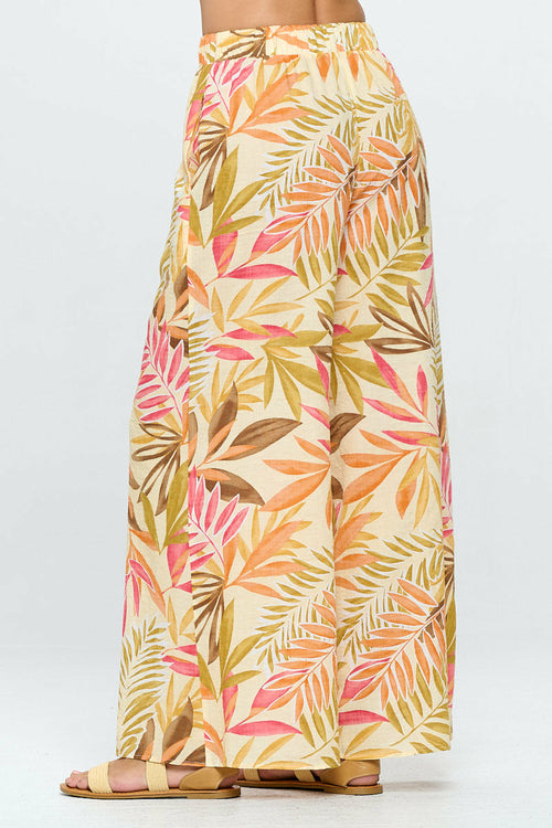 Tropical Print Wide Leg Pants with Pockets