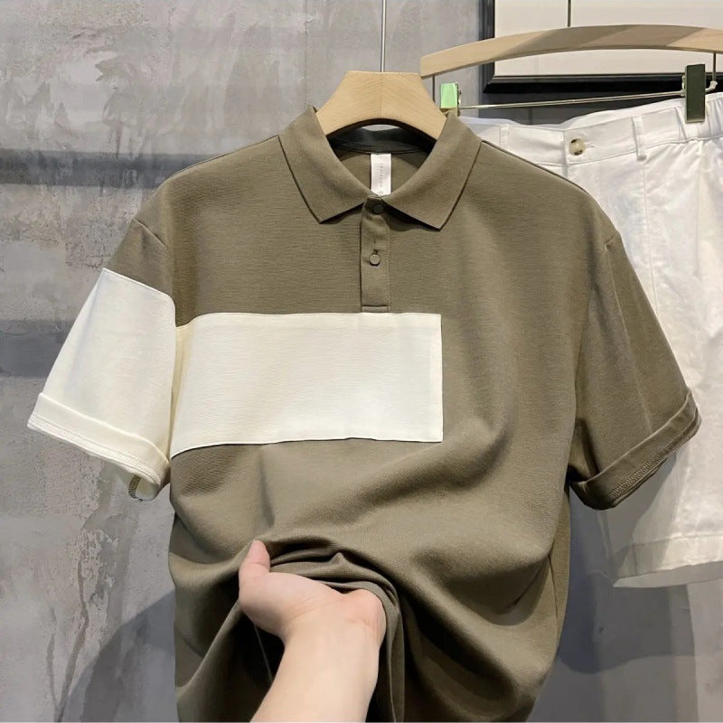 New Trendy Patchwork Contrast Color Lapels Short Sleeve Summer Loose Men