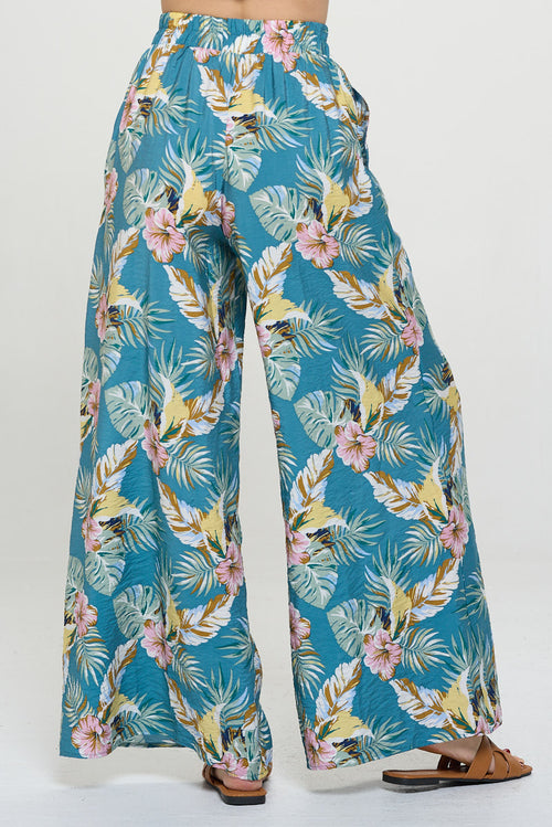 Tropical Print Wide Leg Pants with Pockets