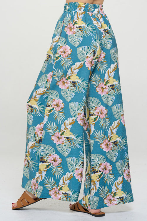 Tropical Print Wide Leg Pants with Pockets