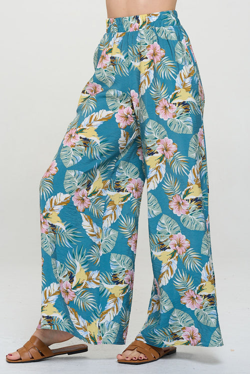 Tropical Print Wide Leg Pants with Pockets