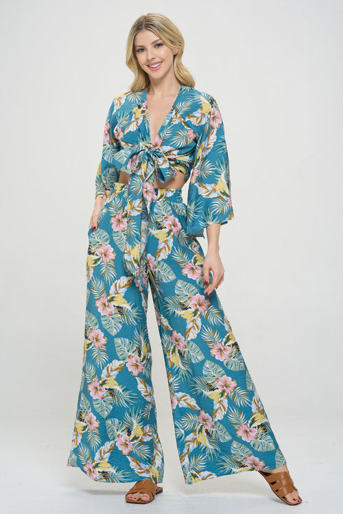 Tropical Print Wide Leg Pants with Pockets